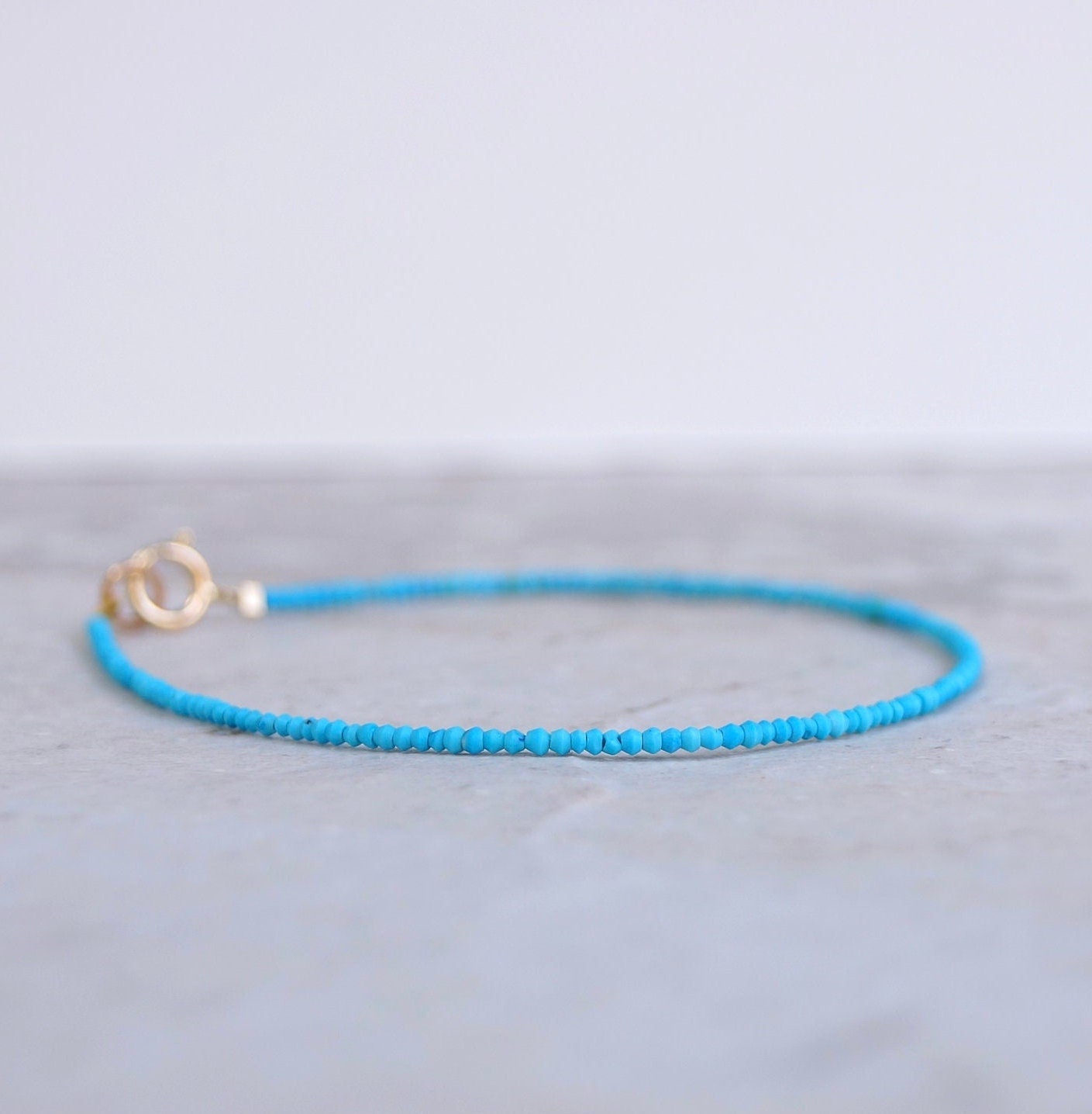 14K Solid Gold: Tiny 1.5mm Turquoise Bead Bracelet, Stacking Bracelet, Extra Dainty Jewelry, 1.5mm, Fine Jewelry, Matt Turquoise, Skinny