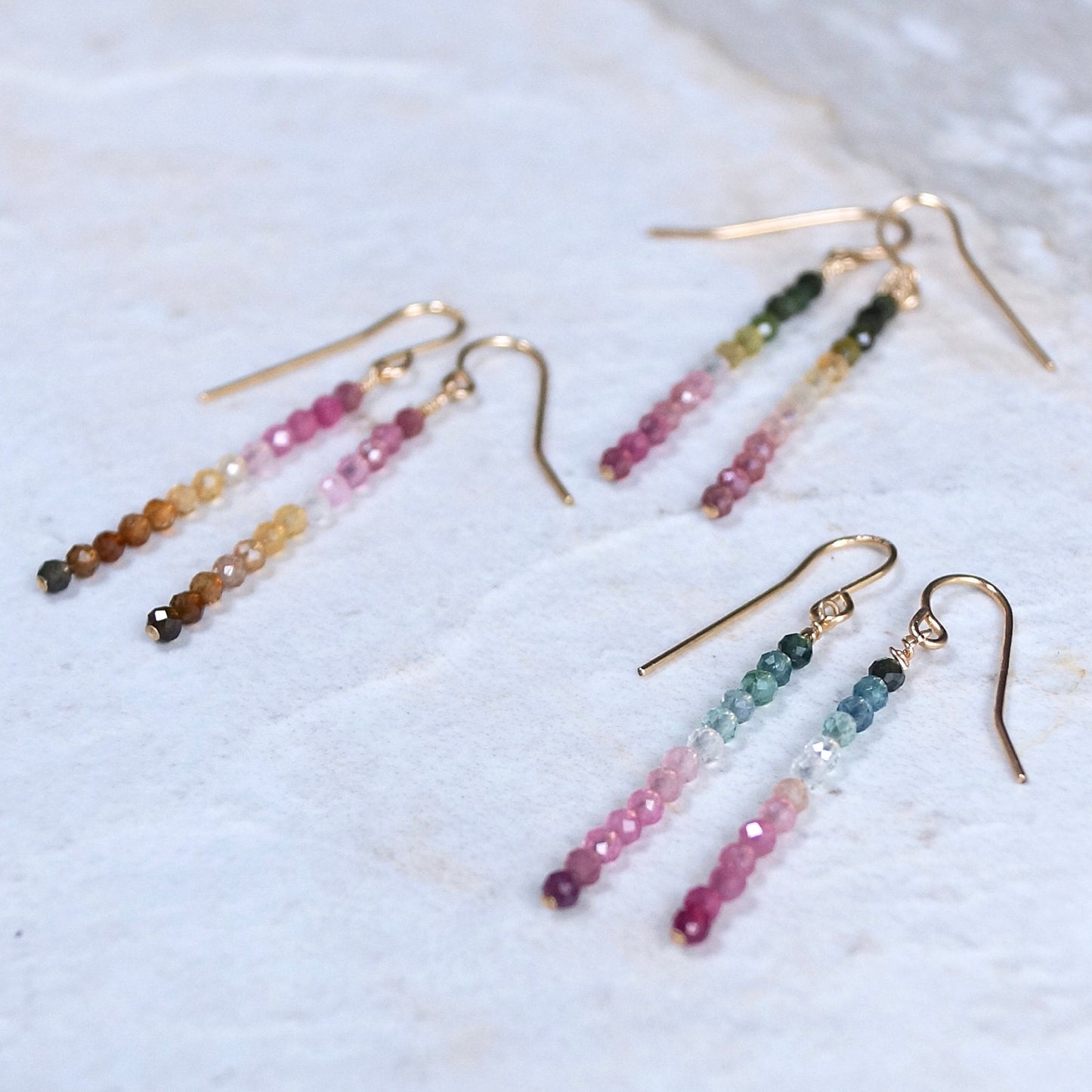 14K Tourmaline Bead Earrings |2.5 |Beaded Bar| Dangle Drop Earrings | Ombre Bead| Gradient Gemstone| Watermelon Tourmaline| Multi Color