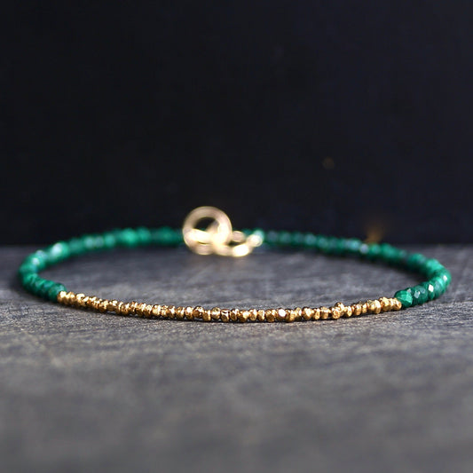 14K Solid Gold & 24K Vermeil: Malachite Beaded Bracelet | 2mm | Dark Green Gemstone | 2mm | Skinny | Delicate Jewelry