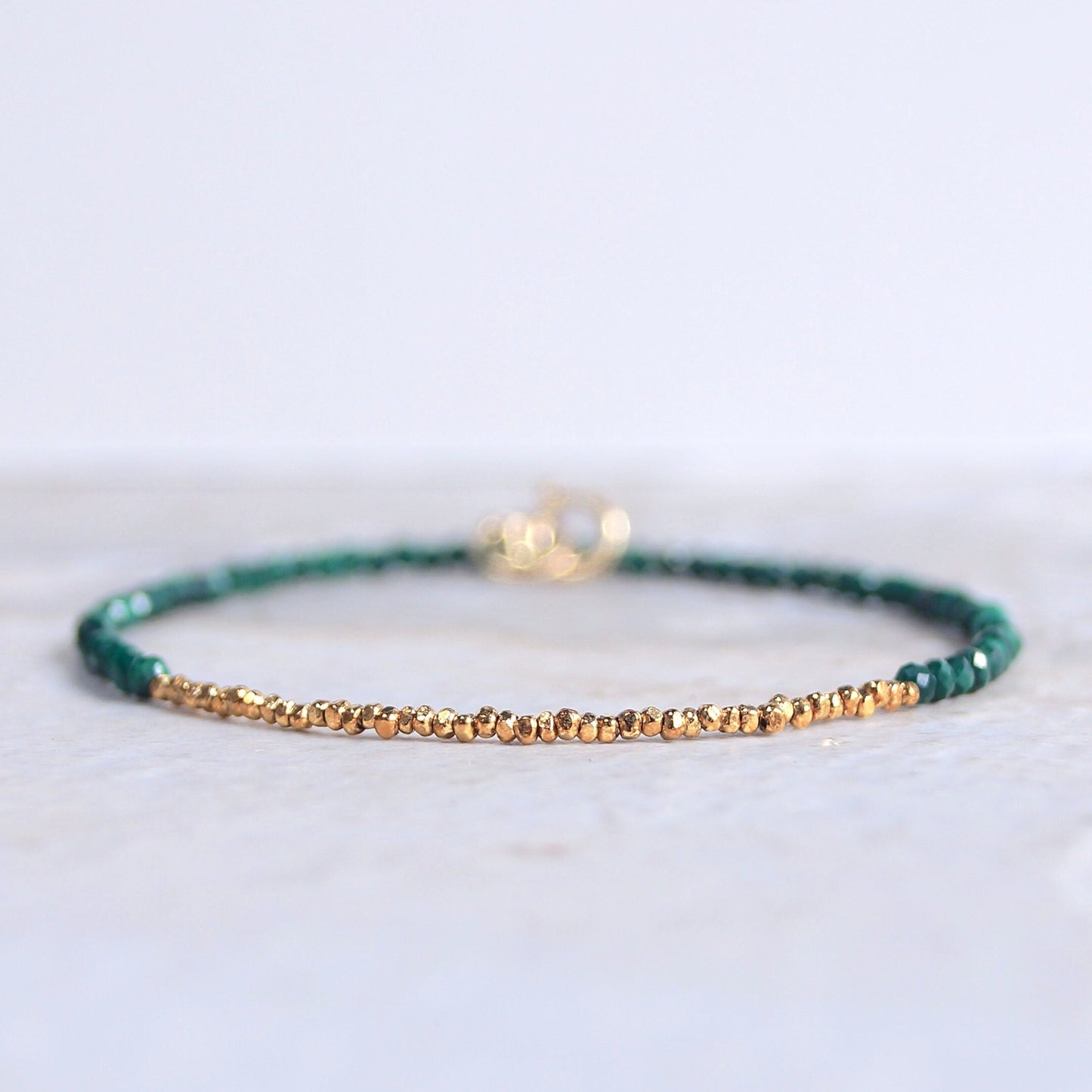 14K Solid Gold & 24K Vermeil: Malachite Beaded Bracelet | 2mm | Dark Green Gemstone | 2mm | Skinny | Delicate Jewelry