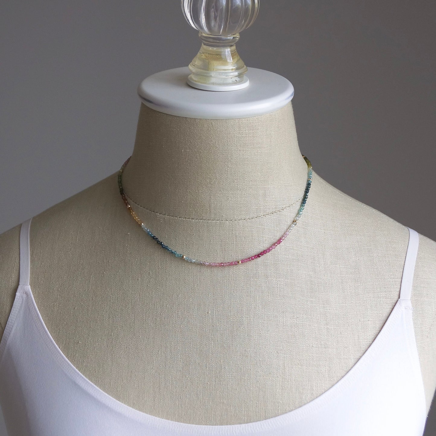 14K Solid Gold: Tourmaline Necklace| Watermelon| Pink| Blue| Green| Ombre| Gradient| Multi Color Gemstone| Fine Jewelry| Skinny