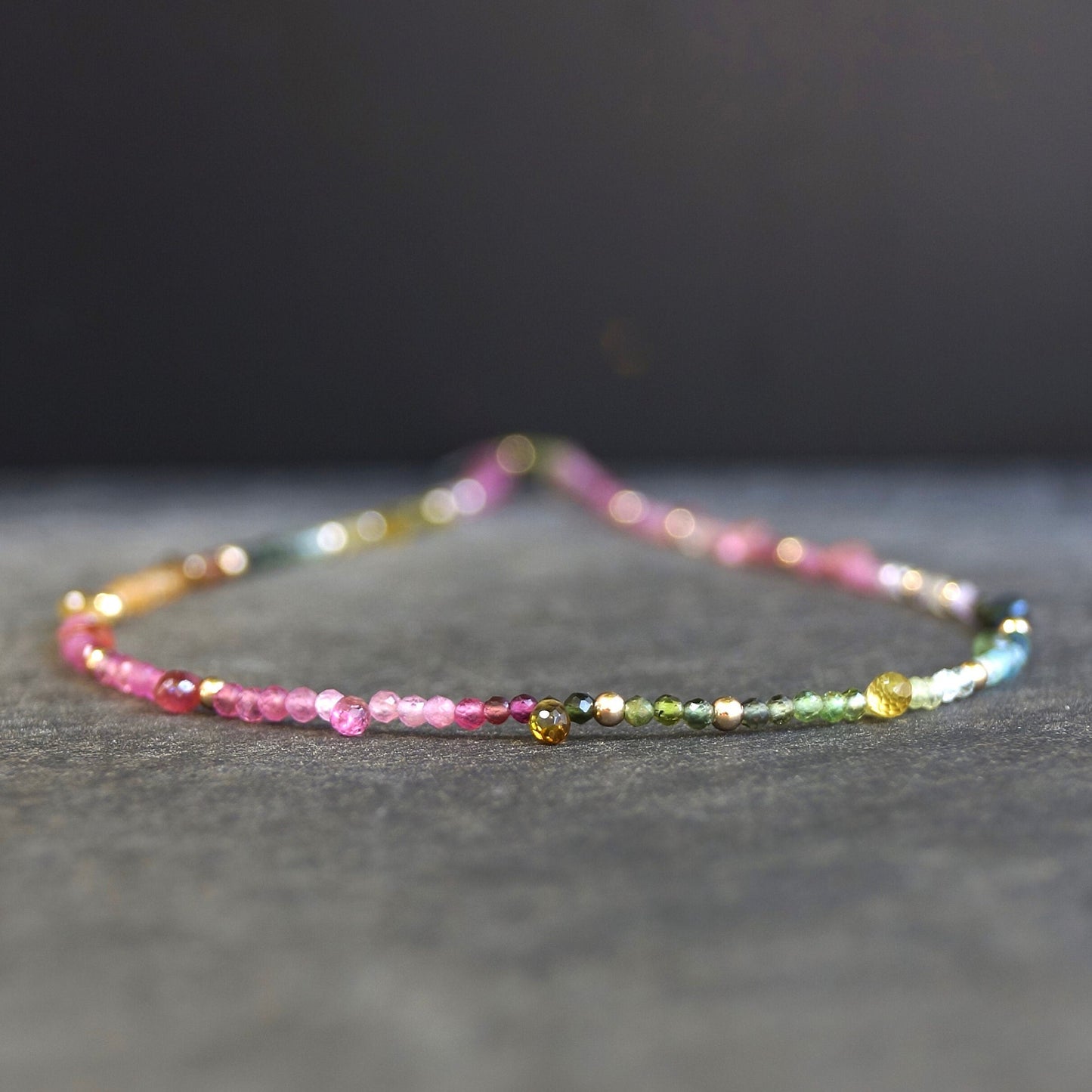 14K Solid Gold: Tourmaline Necklace| Watermelon| Pink| Blue| Green| Ombre| Gradient| Multi Color Gemstone| Fine Jewelry| Skinny