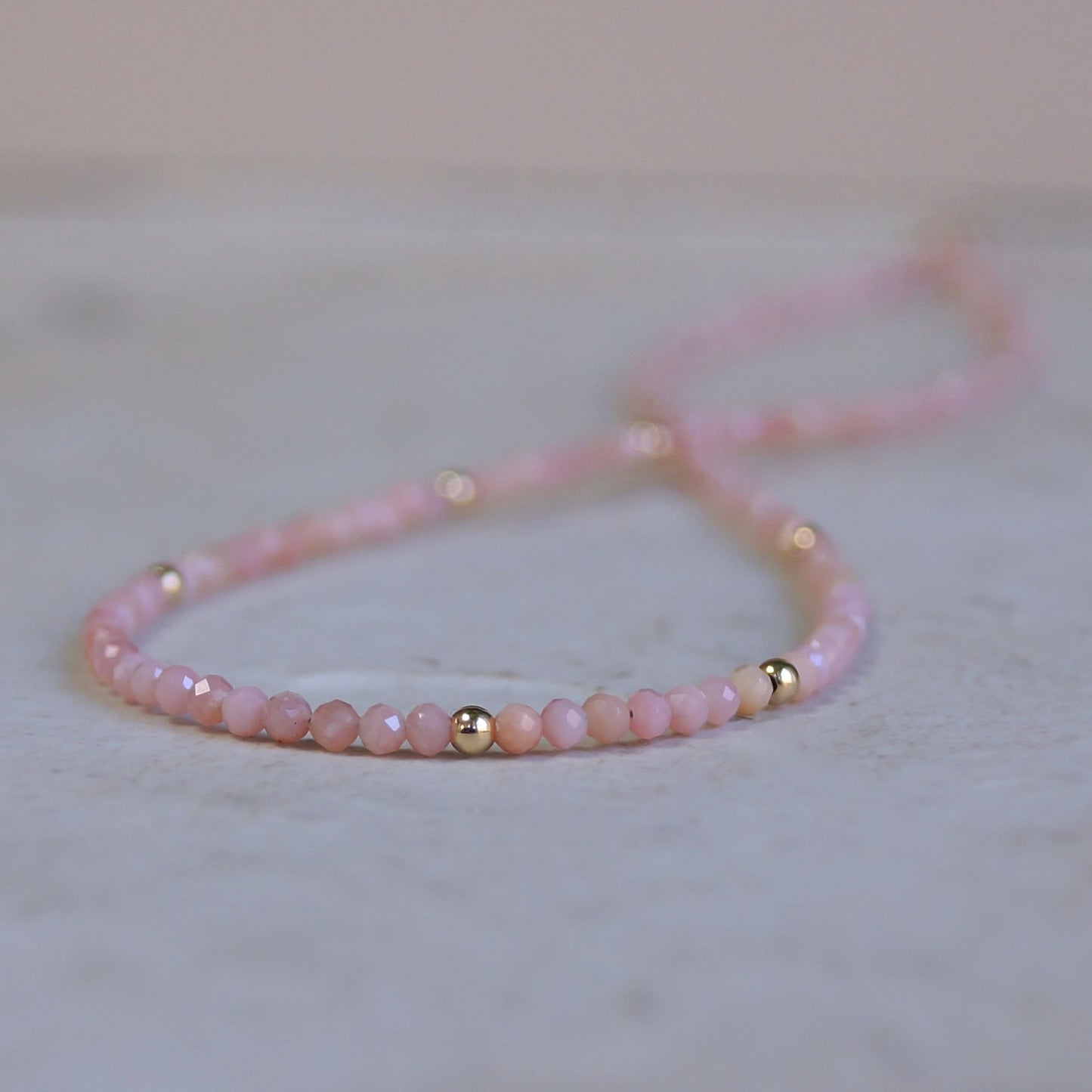 14K Solid Gold: Pink Opal Beaded Necklace, Light Pink Necklace, Fine Jewelry, Layered Necklace, Skinny Necklace, Pink Gemstone