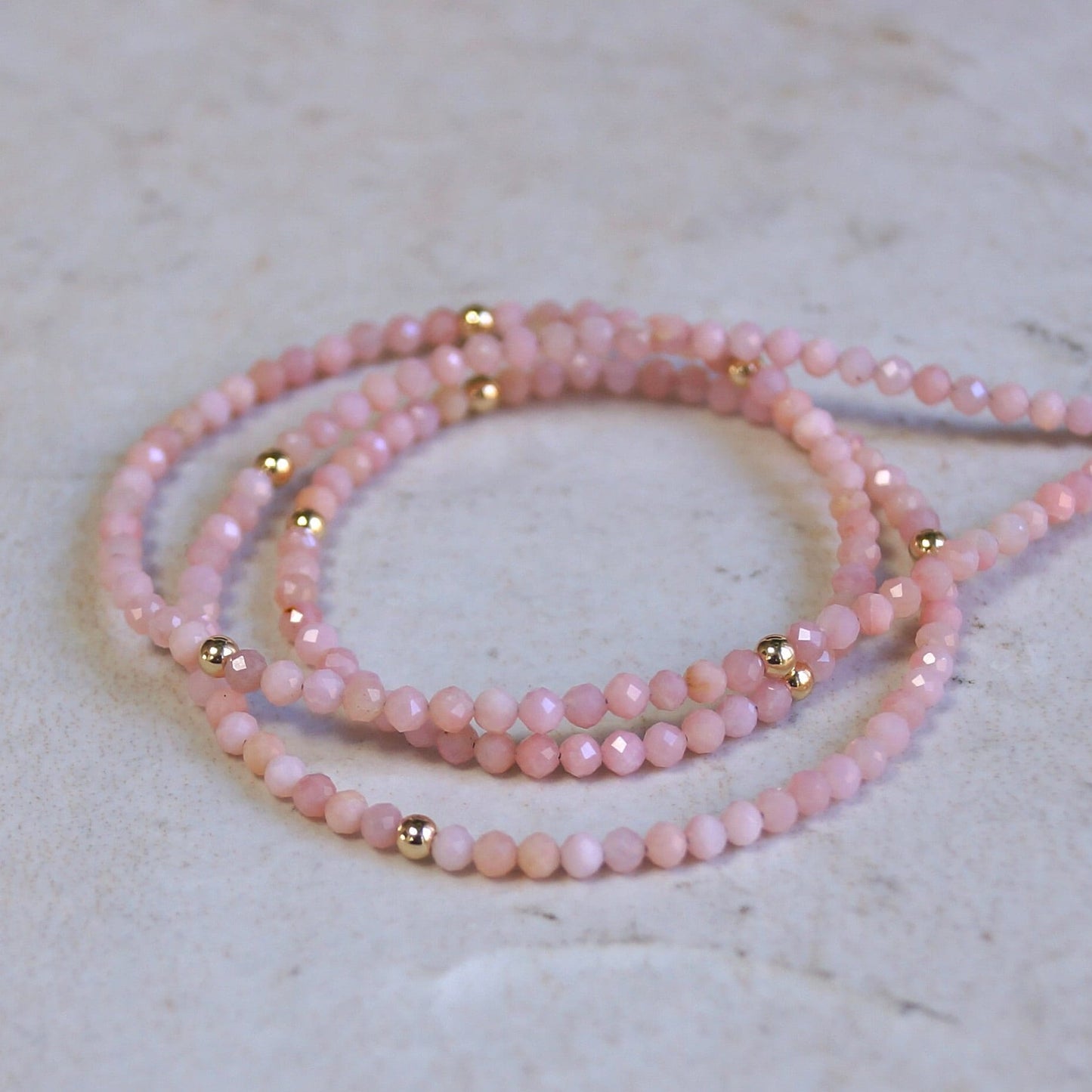 14K Solid Gold: Pink Opal Beaded Necklace, Light Pink Necklace, Fine Jewelry, Layered Necklace, Skinny Necklace, Pink Gemstone