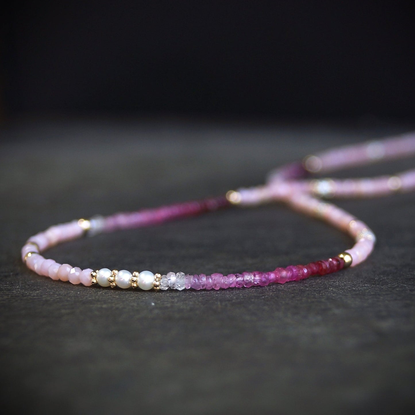 14K Solid Gold: Ruby & Pink Opal Necklace | Ombre Ruby| Gradient Pink Necklace| Boho| Natural| Skinny Bead Necklace| Fine Jewelry