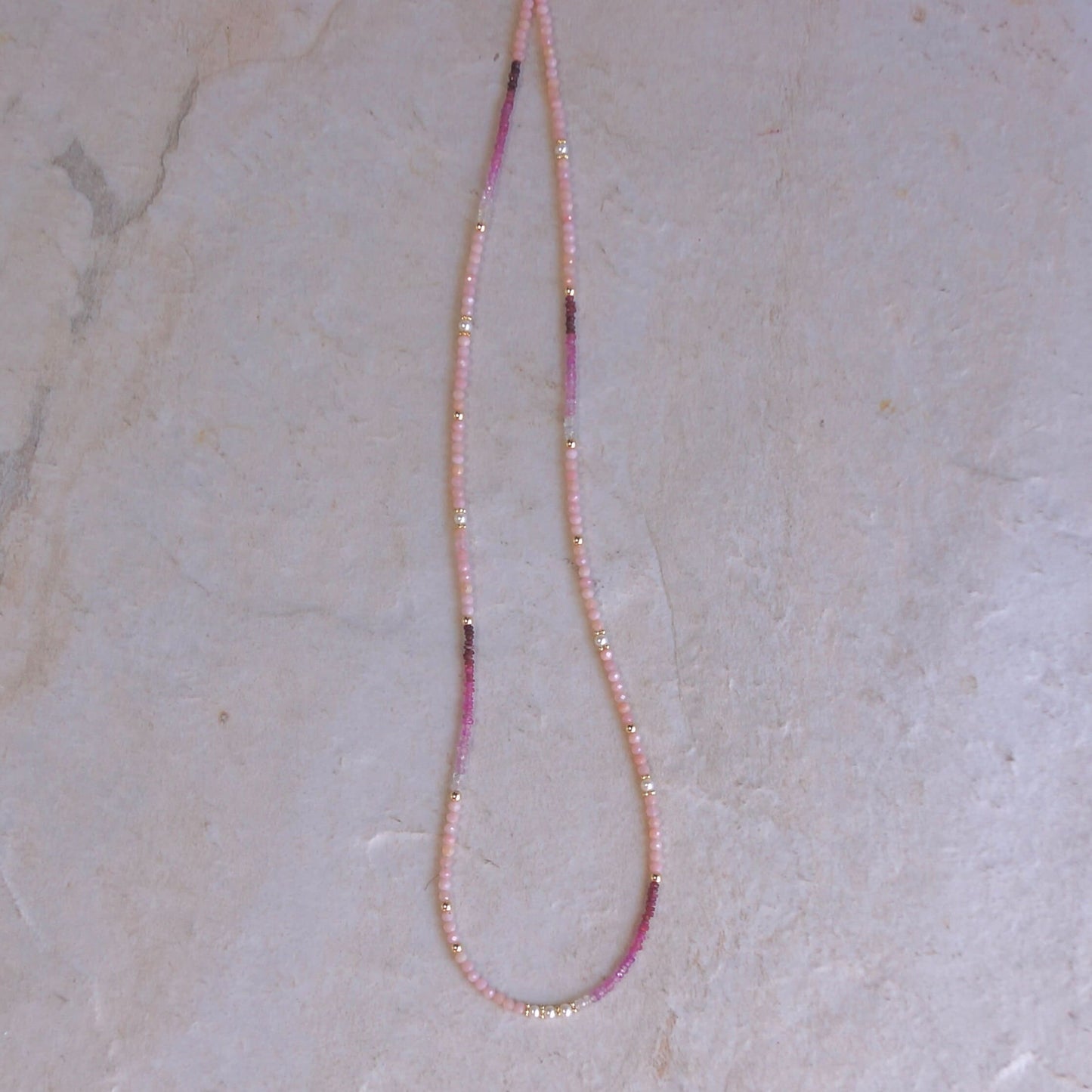 14K Solid Gold: Ruby & Pink Opal Necklace | Ombre Ruby| Gradient Pink Necklace| Boho| Natural| Skinny Bead Necklace| Fine Jewelry