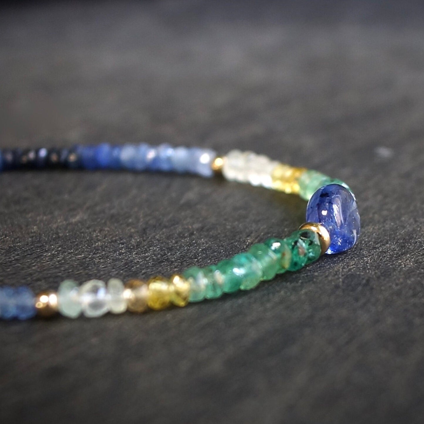 14K Solid Gold: Ombre Blue Sapphire| Natural Emerald| Gradient Bracelet| Fine Jewelry| Boho