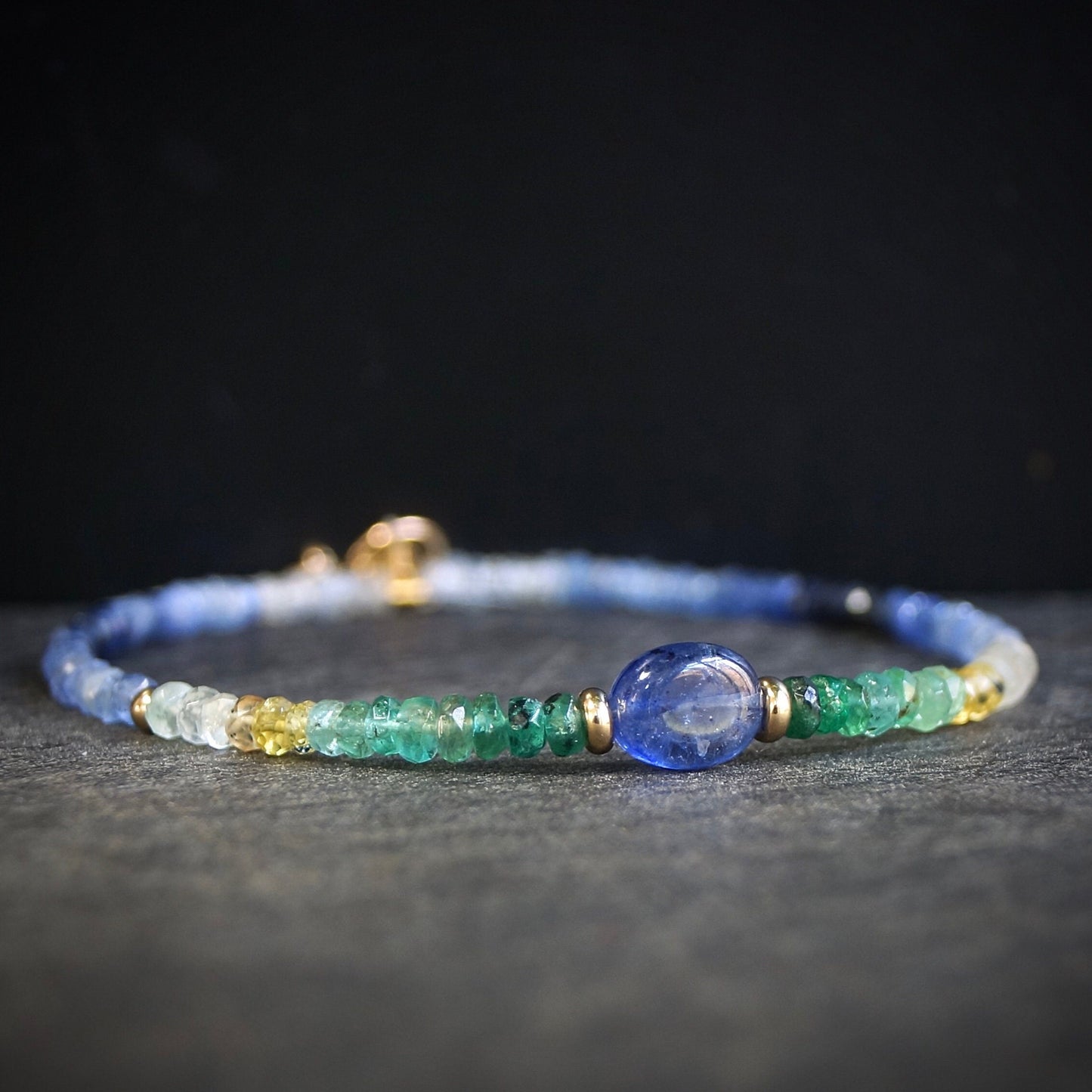 14K Solid Gold: Ombre Blue Sapphire| Natural Emerald| Gradient Bracelet| Fine Jewelry| Boho