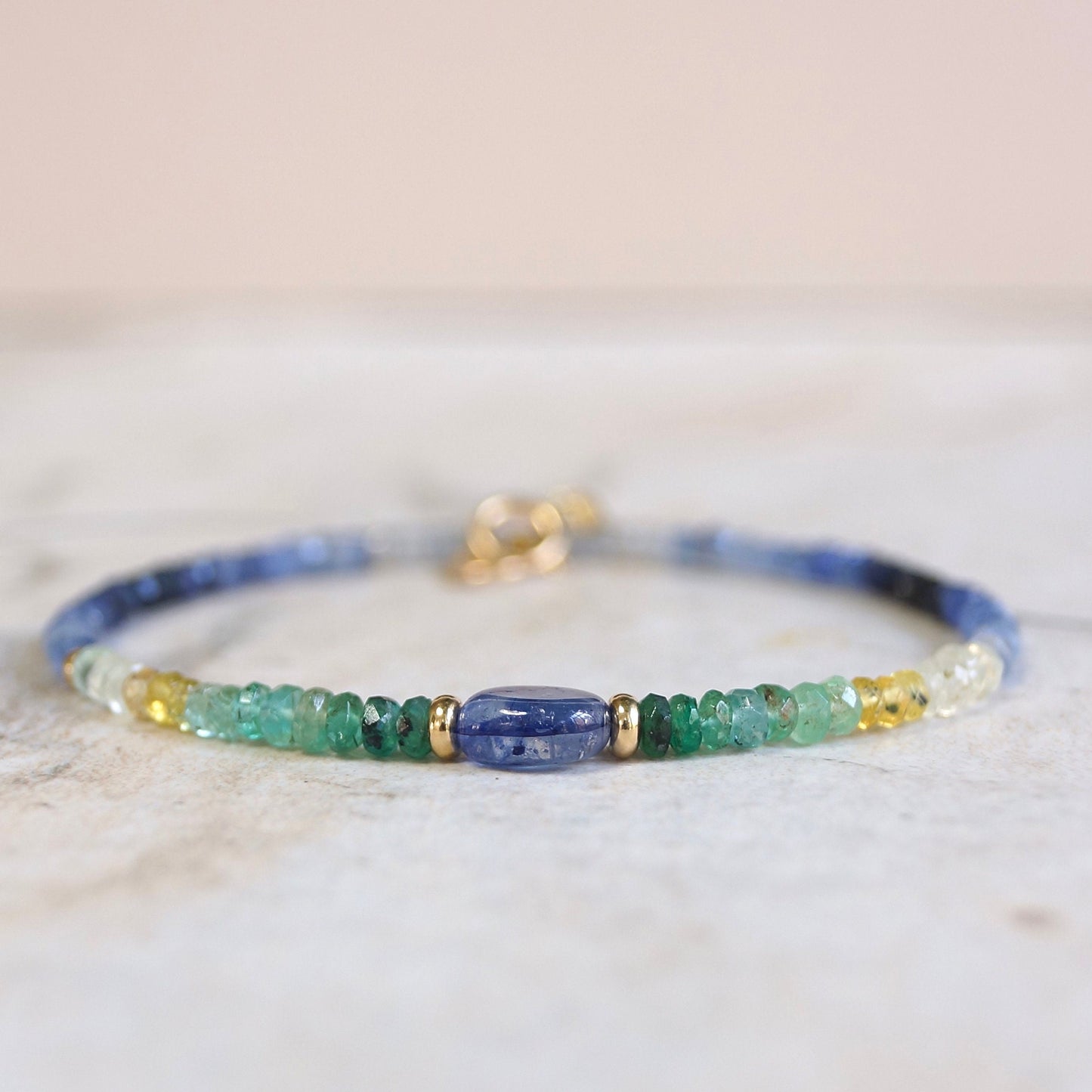 14K Solid Gold: Ombre Blue Sapphire| Natural Emerald| Gradient Bracelet| Fine Jewelry| Boho