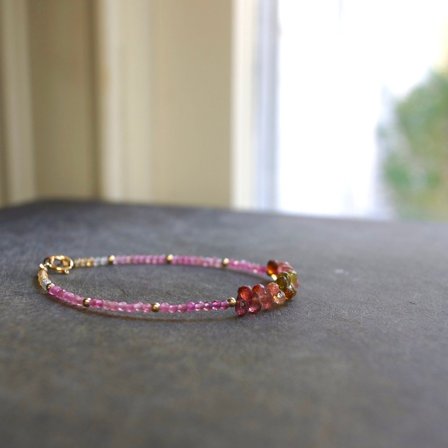 14K Solid Gold: Ombre Pink & Moss Tourmaline Bracelet, Moss Green, Shaded Multicolor Tourmaline, Layered Bracelet, Watermelon, Fine Jewelry