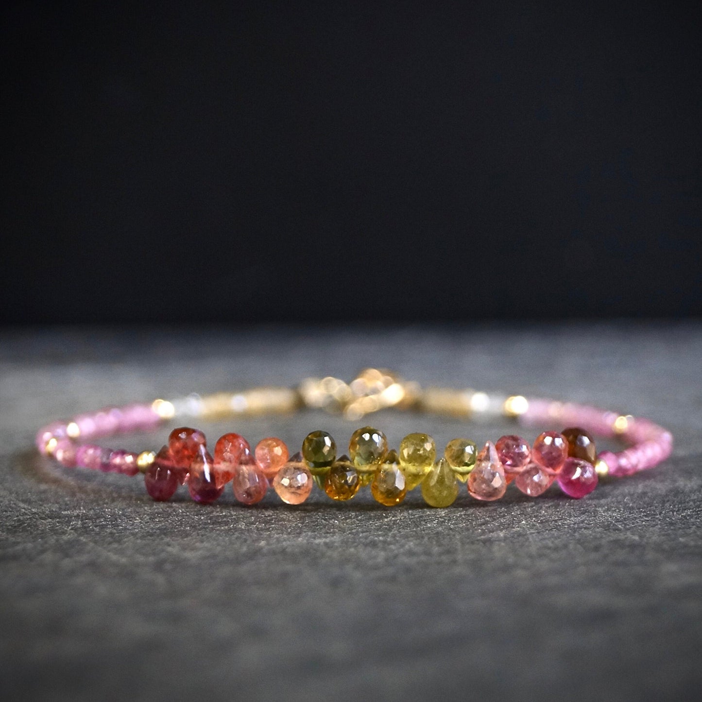 14K Solid Gold: Ombre Pink & Moss Tourmaline Bracelet, Moss Green, Shaded Multicolor Tourmaline, Layered Bracelet, Watermelon, Fine Jewelry