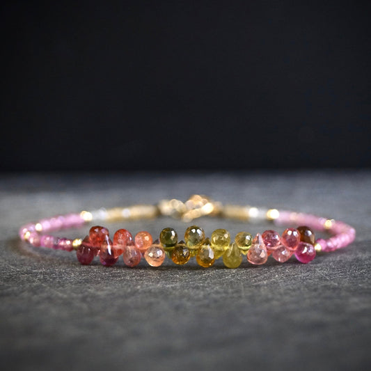 14K Solid Gold: Ombre Pink & Moss Tourmaline Bracelet, Moss Green, Shaded Multicolor Tourmaline, Layered Bracelet, Watermelon, Fine Jewelry