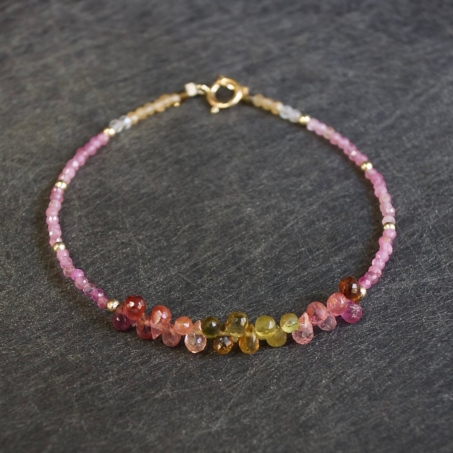 14K Solid Gold: Ombre Pink & Moss Tourmaline Bracelet, Moss Green, Shaded Multicolor Tourmaline, Layered Bracelet, Watermelon, Fine Jewelry