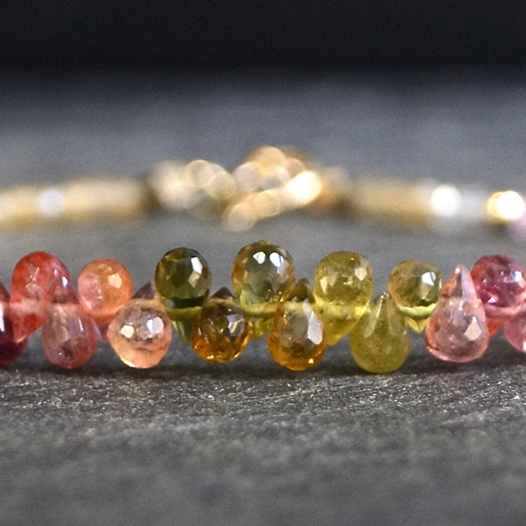 14K Solid Gold: Ombre Pink & Moss Tourmaline Bracelet, Moss Green, Shaded Multicolor Tourmaline, Layered Bracelet, Watermelon, Fine Jewelry