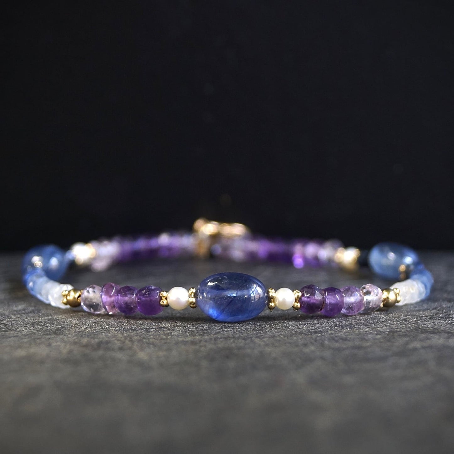 14K Solid Gold: Ombre Blue Sapphire Beaded Bracelet, Amethyst, Shaded Precious Stone, Fine Jewelry, Boho, Bohemian, Chakra Jewelry