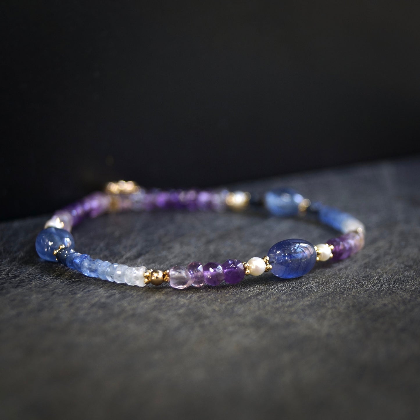 14K Solid Gold: Ombre Blue Sapphire Beaded Bracelet, Amethyst, Shaded Precious Stone, Fine Jewelry, Boho, Bohemian, Chakra Jewelry