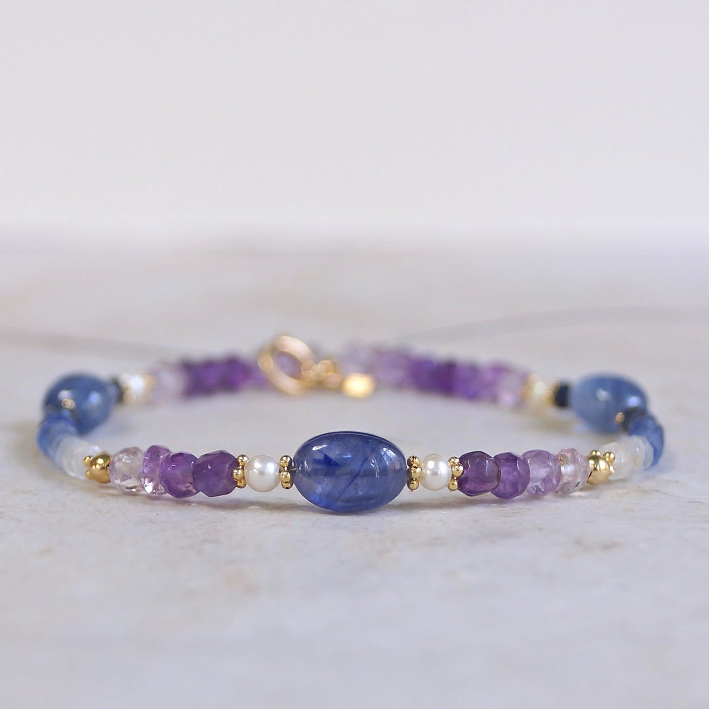 14K Solid Gold: Ombre Blue Sapphire Beaded Bracelet, Amethyst, Shaded Precious Stone, Fine Jewelry, Boho, Bohemian, Chakra Jewelry