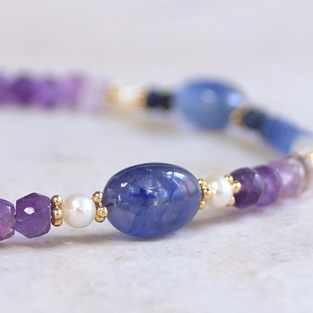 14K Solid Gold: Ombre Blue Sapphire Beaded Bracelet, Amethyst, Shaded Precious Stone, Fine Jewelry, Boho, Bohemian, Chakra Jewelry