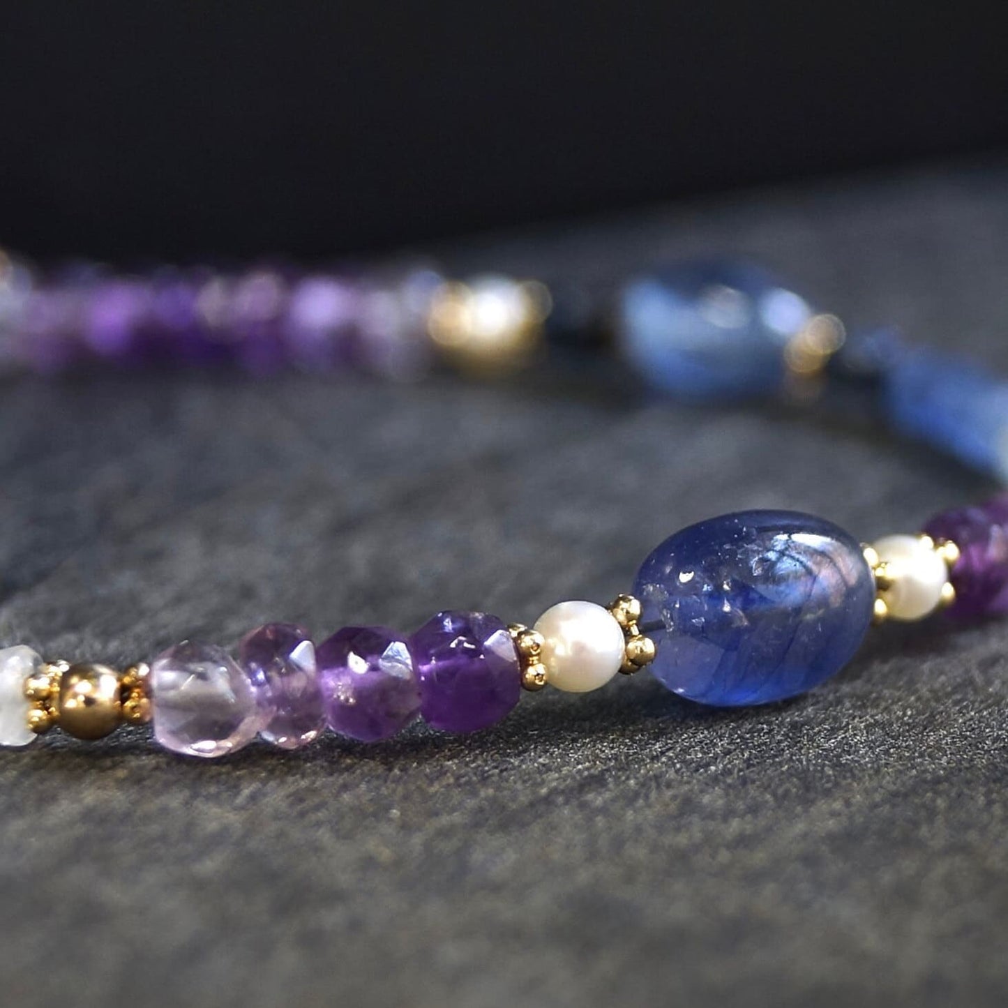 14K Solid Gold: Ombre Blue Sapphire Beaded Bracelet, Amethyst, Shaded Precious Stone, Fine Jewelry, Boho, Bohemian, Chakra Jewelry