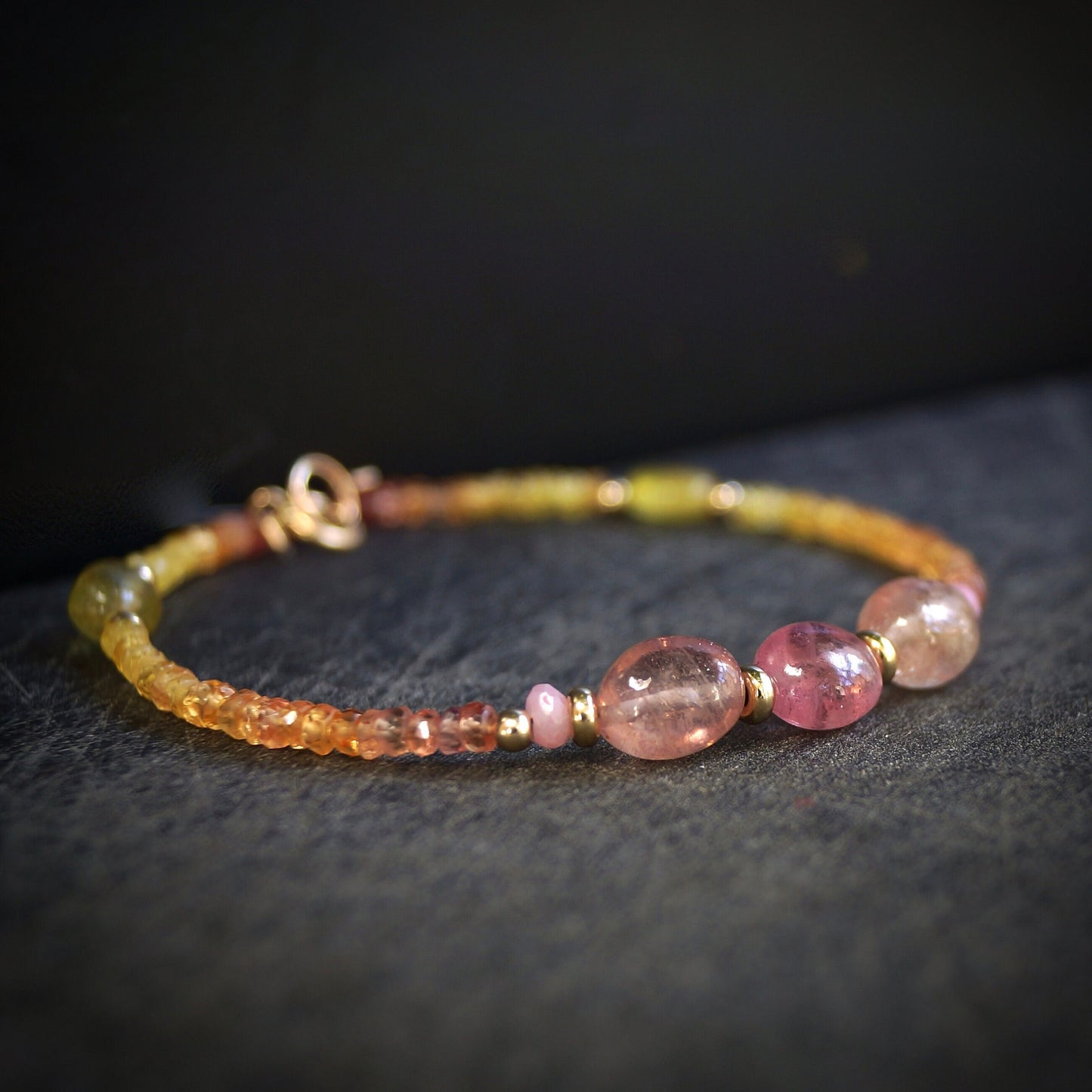 14K Solid Gold: Sapphire Beaded Bracelet | 2.5mm | Ombre Pink Orange Yellow | Jewelry | Boho | Bohemian | Delicate Skinny