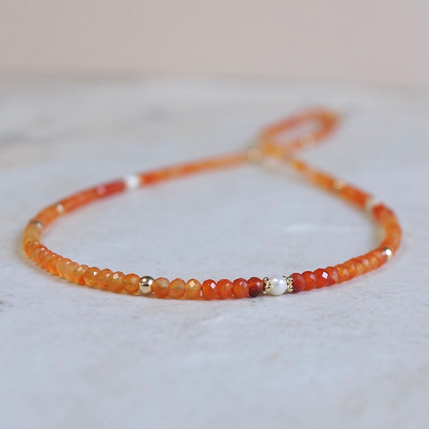 14K Solid Gold: Orange Carnelian Beaded Necklace, Orange Chakra Necklace, Fine Jewelry, Layered Necklace, Shaded Ombre Carnelian