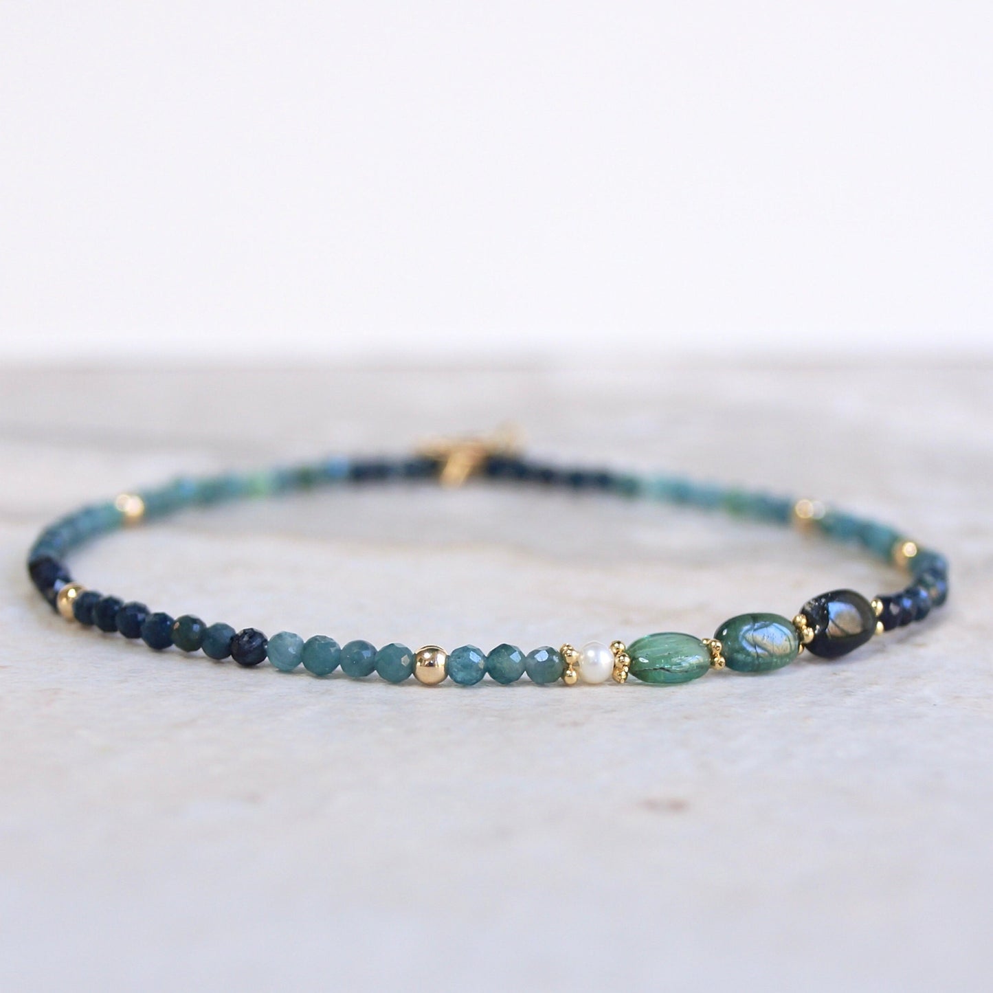 14K Solid Gold: Blue Tourmaline Bracelet | 2mm | Ombre | Teal Tourmaline| Fine Jewelry| Delicate Dainty| Spiritual| black Tourmaline