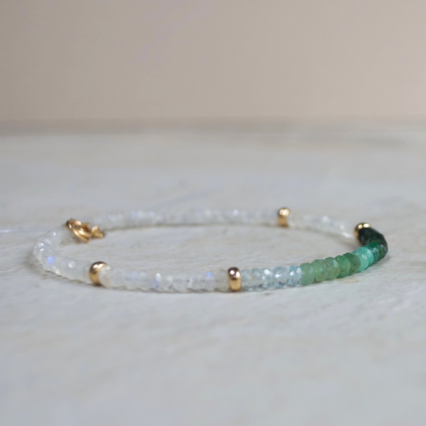 14K Solid Gold: Emerald & Rainbow Moonstone Bracelet |3.5mm| Ombre Green Emerald| Natural Emerald | Fine Jewelry