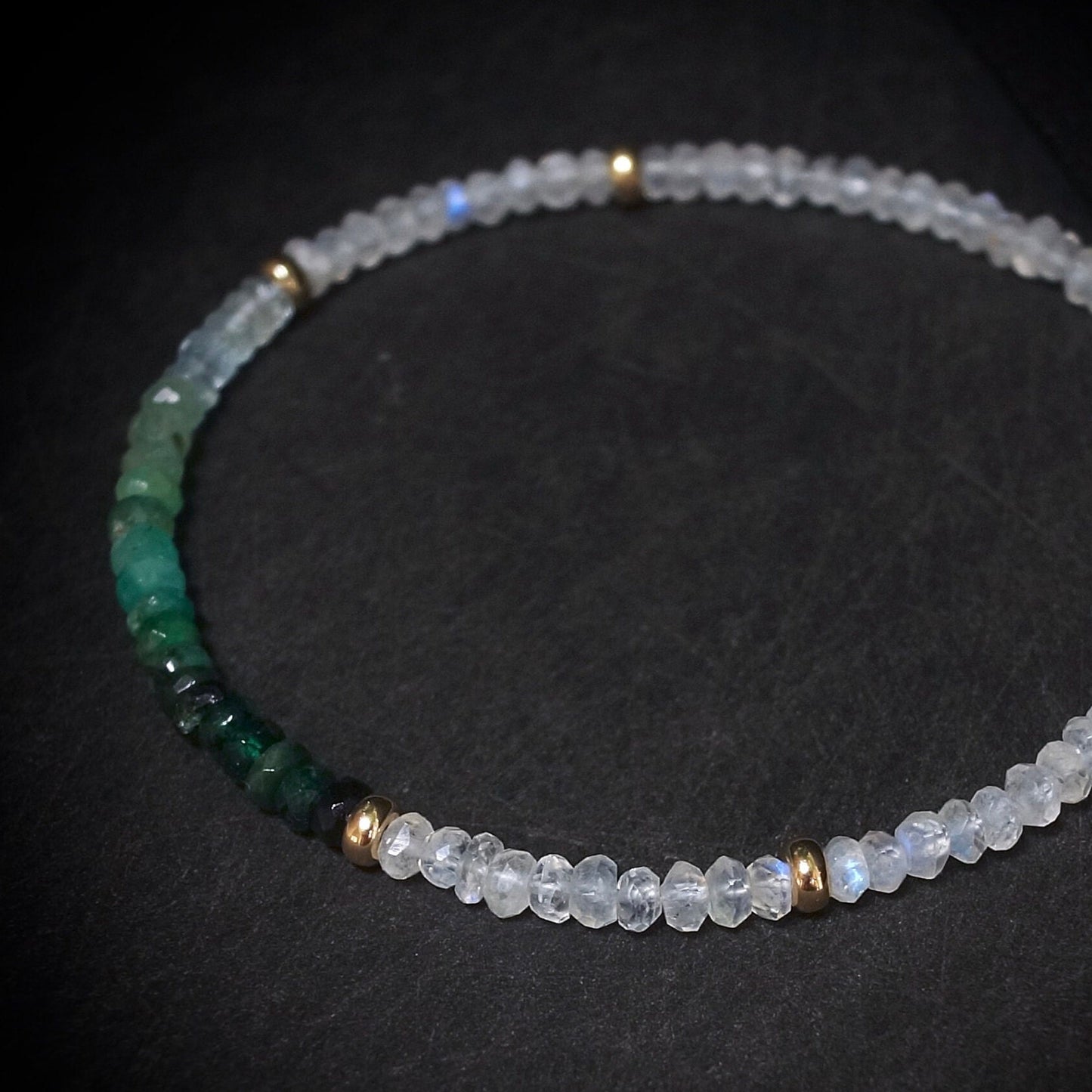 14K Solid Gold: Emerald & Rainbow Moonstone Bracelet |3.5mm| Ombre Green Emerald| Natural Emerald | Fine Jewelry