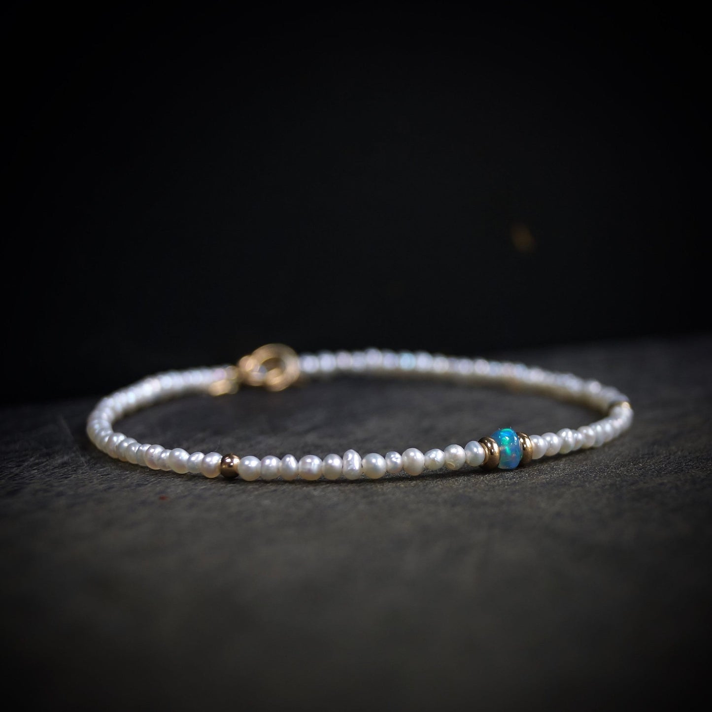 14K Solid Gold: Natural Pearl Bracelet| 2.5mm| Blue Opal| Dainty Opal Bracelet| Delicate