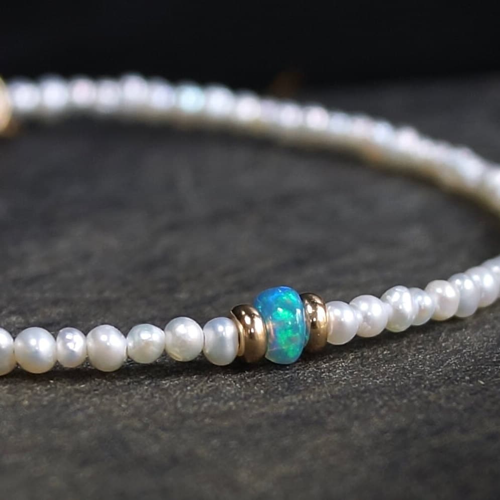 14K Solid Gold: Natural Pearl Bracelet| 2.5mm| Blue Opal| Dainty Opal Bracelet| Delicate