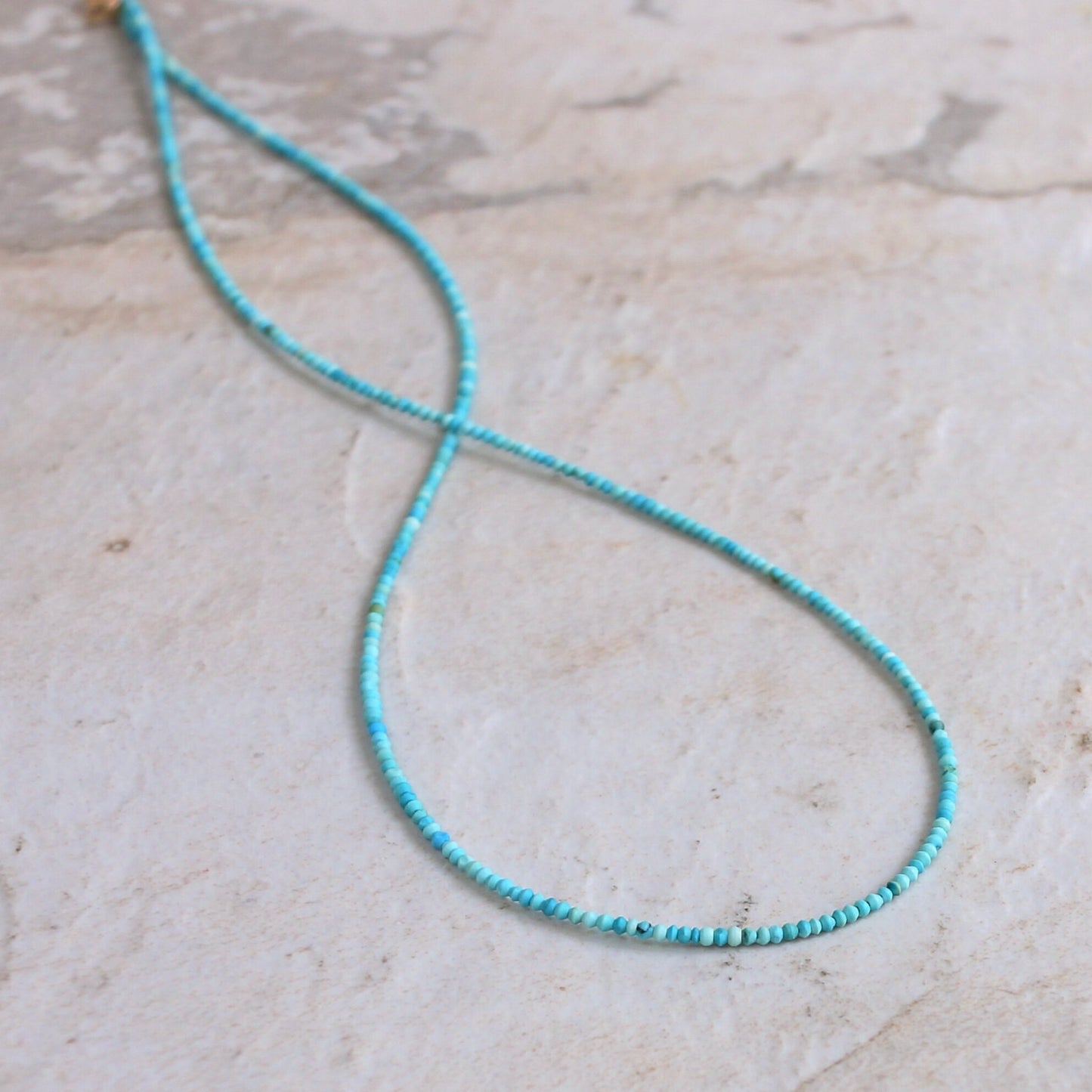 14K Solid Gold: Tiny 1.5mm Turquoise Bead Necklace, Layered Necklace, Extra Dainty Jewelry, 1.5mm, Fine Jewelry, Matt Turquoise, Skinny