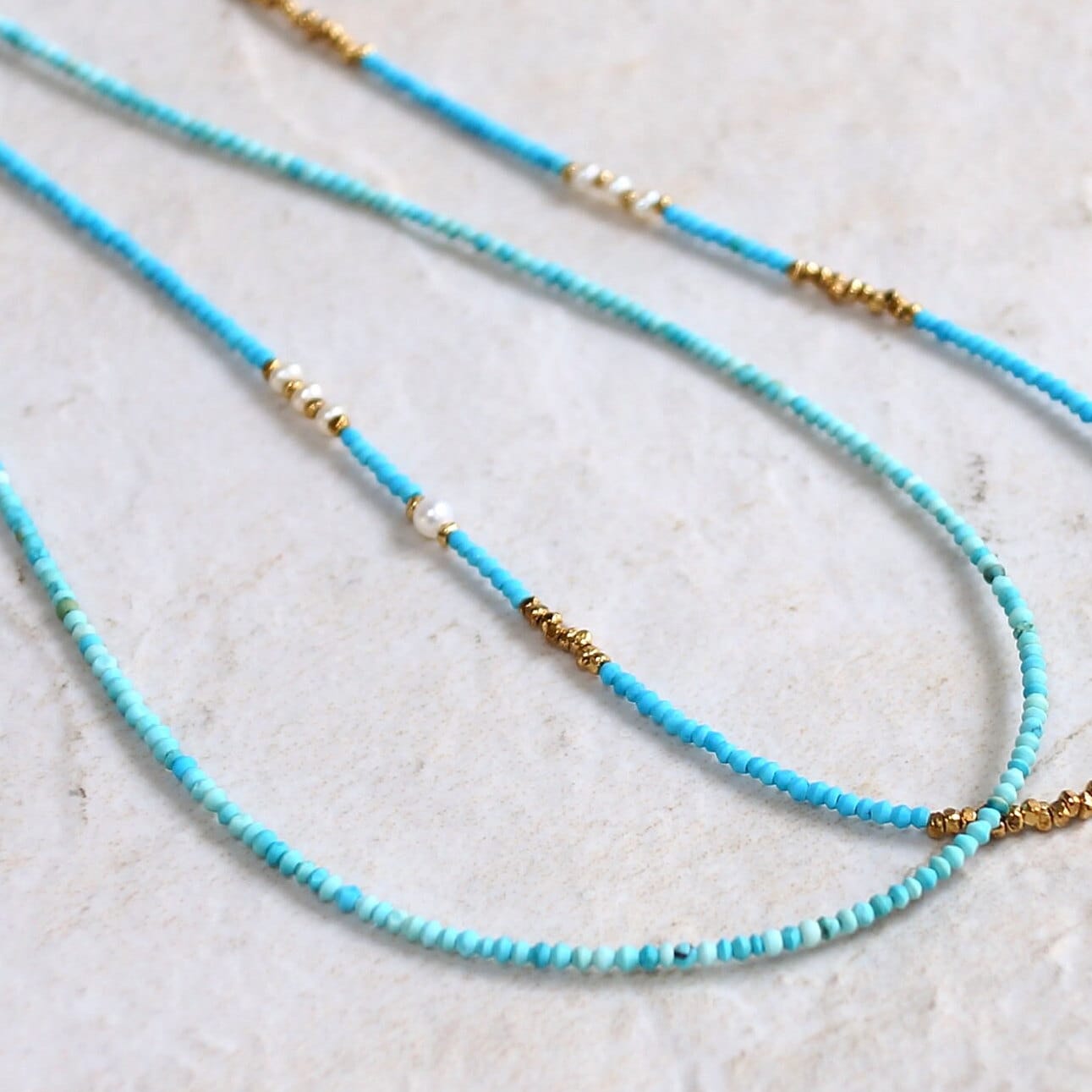 14K Solid Gold: Tiny 1.5mm Turquoise Bead Necklace, Layered Necklace, Extra Dainty Jewelry, 1.5mm, Fine Jewelry, Matt Turquoise, Skinny