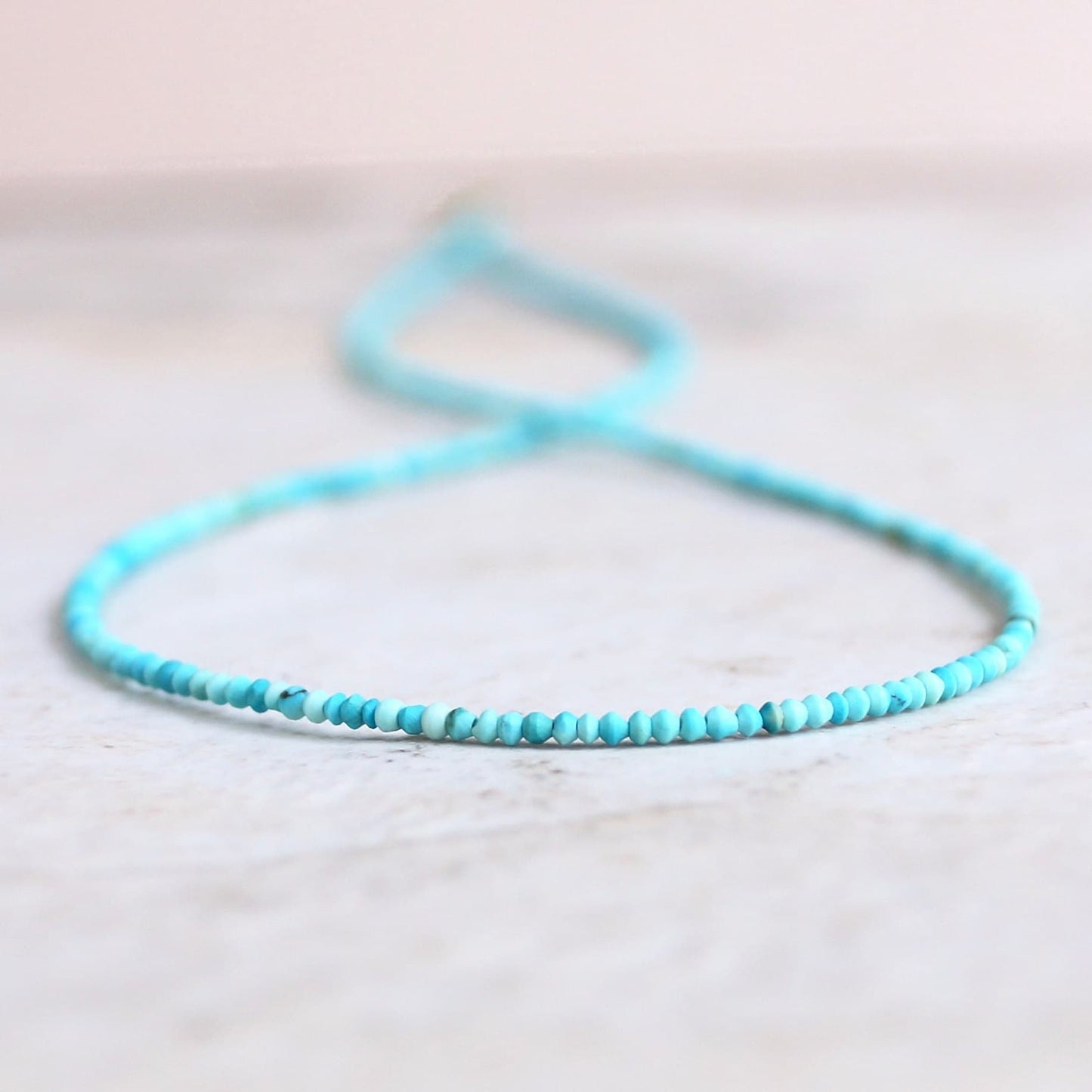 14K Solid Gold: Tiny 1.5mm Turquoise Bead Necklace, Layered Necklace, Extra Dainty Jewelry, 1.5mm, Fine Jewelry, Matt Turquoise, Skinny