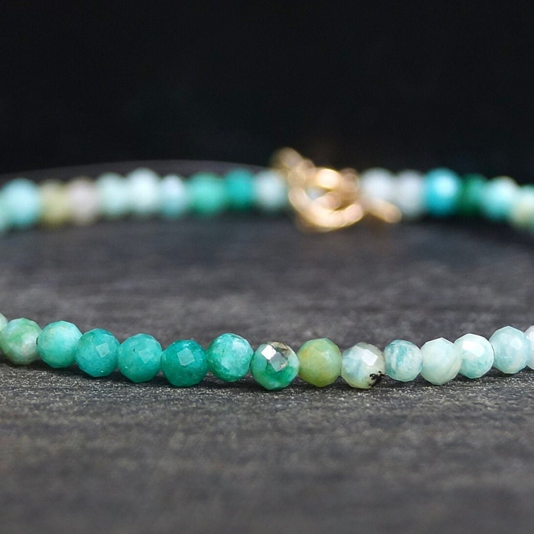 14K Solid Gold: Amazonite Bracelet | 3 mm | Skinny | Blue Green Gemstone | Delicate Bracelet | Healing Stone | For Her