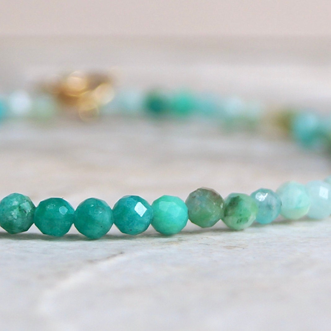 14K Solid Gold: Amazonite Bracelet | 3 mm | Skinny | Blue Green Gemstone | Delicate Bracelet | Healing Stone | For Her