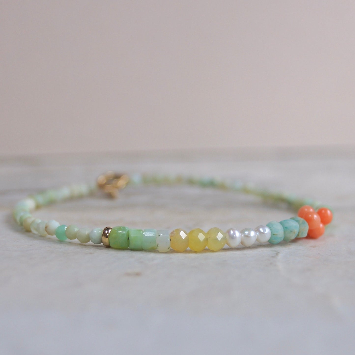 14K Solid Gold: Blue Opal Bead Bracelet | Pastel Rainbow Gemstones | Boho Bracelet | Baby Blue and Pink | Pastel Colors