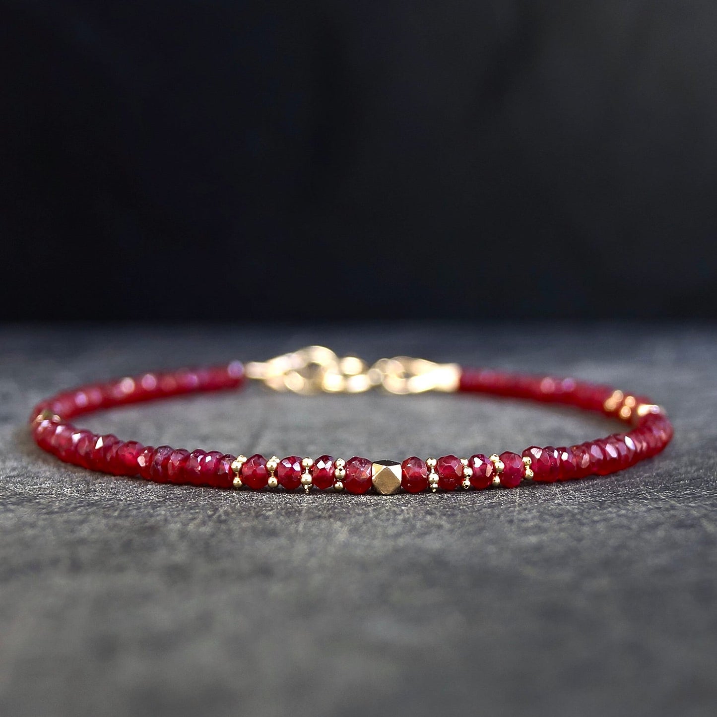 14K Solid Gold: Ruby Bead Bracelet | 2-2.5mm| Genuine Natural Ruby| Fine Jewelry