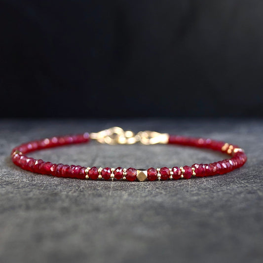 14K Solid Gold: Ruby Bead Bracelet | 2-2.5mm| Genuine Natural Ruby| Fine Jewelry