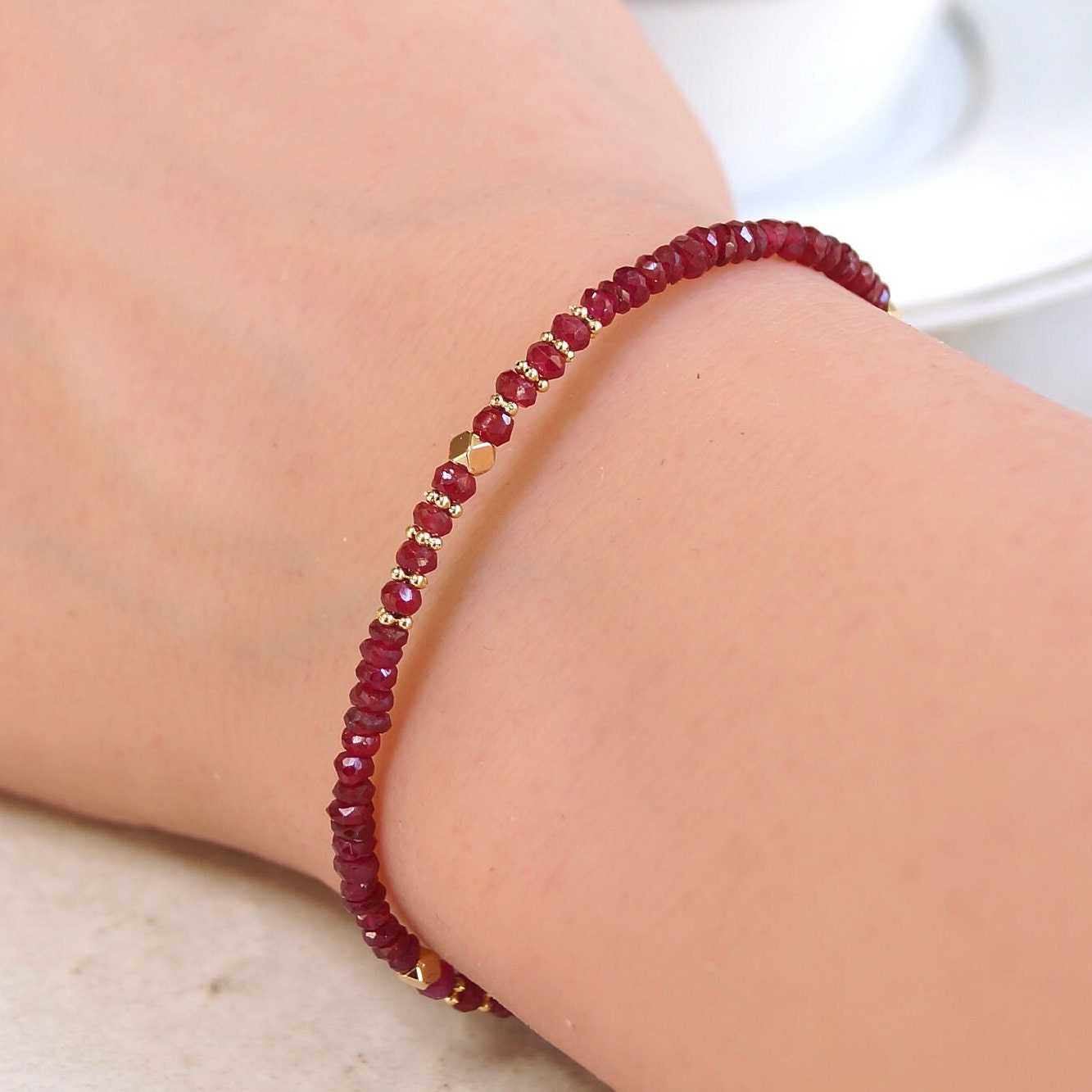 14K Solid Gold: Ruby Bead Bracelet | 2-2.5mm| Genuine Natural Ruby| Fine Jewelry