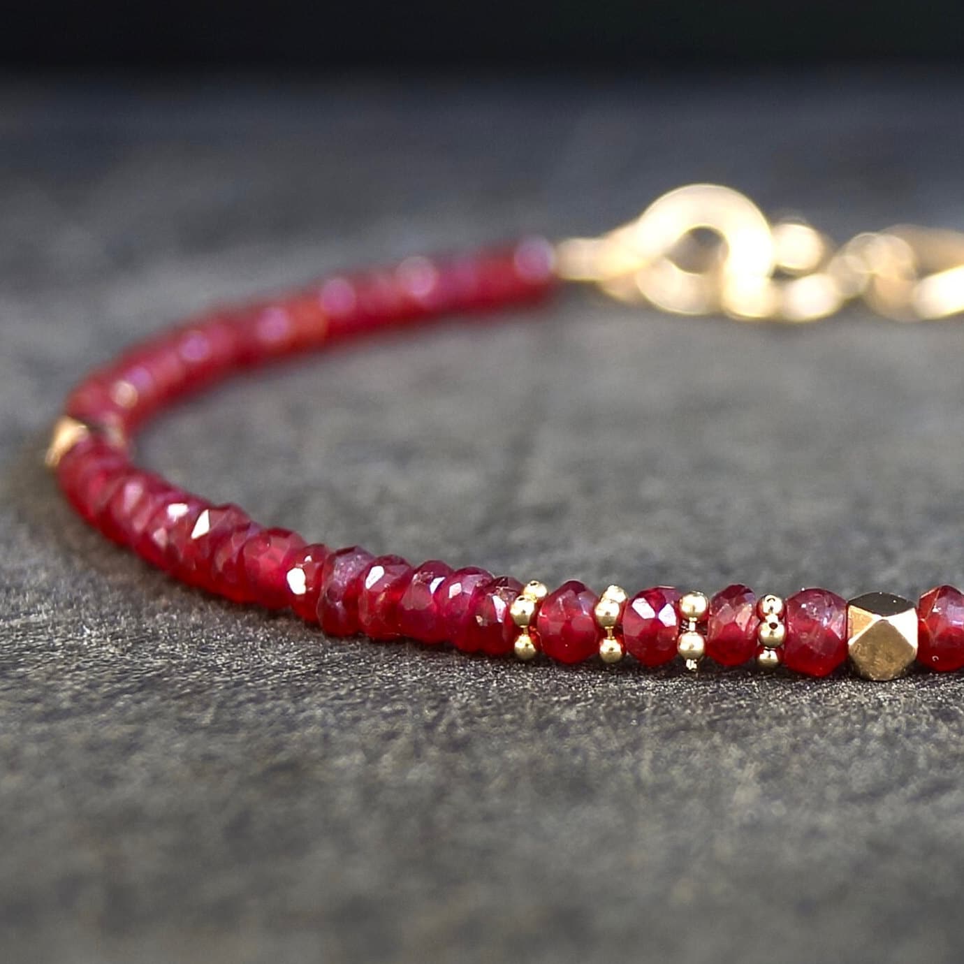 14K Solid Gold: Ruby Bead Bracelet | 2-2.5mm| Genuine Natural Ruby| Fine Jewelry