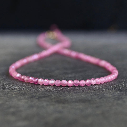 14K Solid Gold: Pink Tourmaline Beaded Necklace, Simple Layer Tourmaline Choker, Dainty Antique Pink Gemstone Necklace, Fine Jewelry