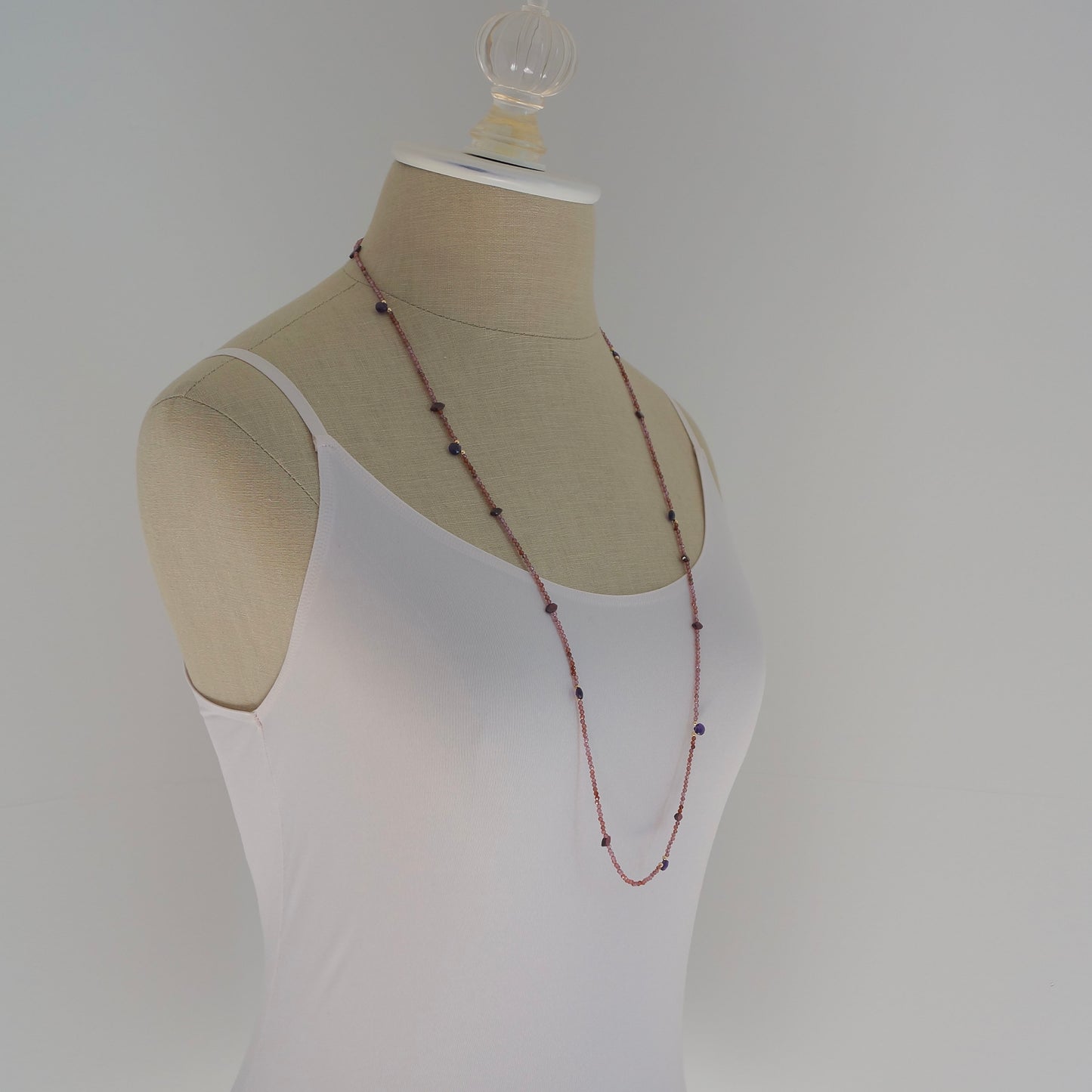 14K Solid Gold: Red Garnet Long Necklace| Amethyst| Fine Jewelry| Beaded Necklace| Delicate Jewelry