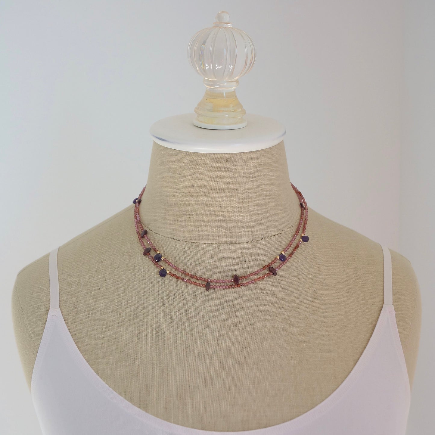 14K Solid Gold: Red Garnet Long Necklace| Amethyst| Fine Jewelry| Beaded Necklace| Delicate Jewelry