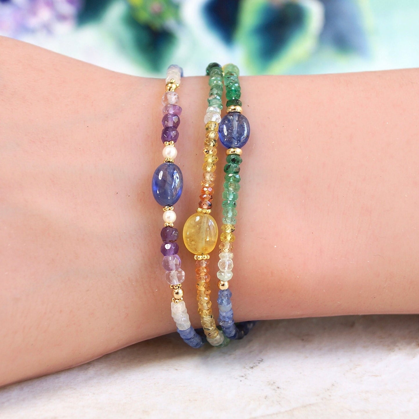 14K Solid Gold: Ombre Sapphire and Emerald Beaded Bracelet, Yellow, Green, Shaded Precious Stone, Fine Jewelry, Delicate,