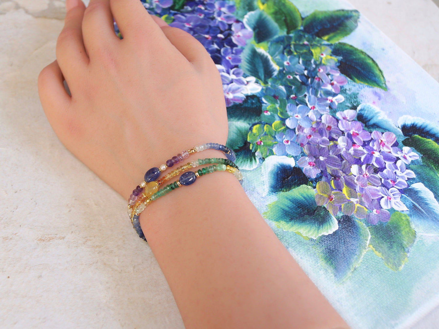 14K Solid Gold: Ombre Blue Sapphire| Natural Emerald| Gradient Bracelet| Fine Jewelry| Boho