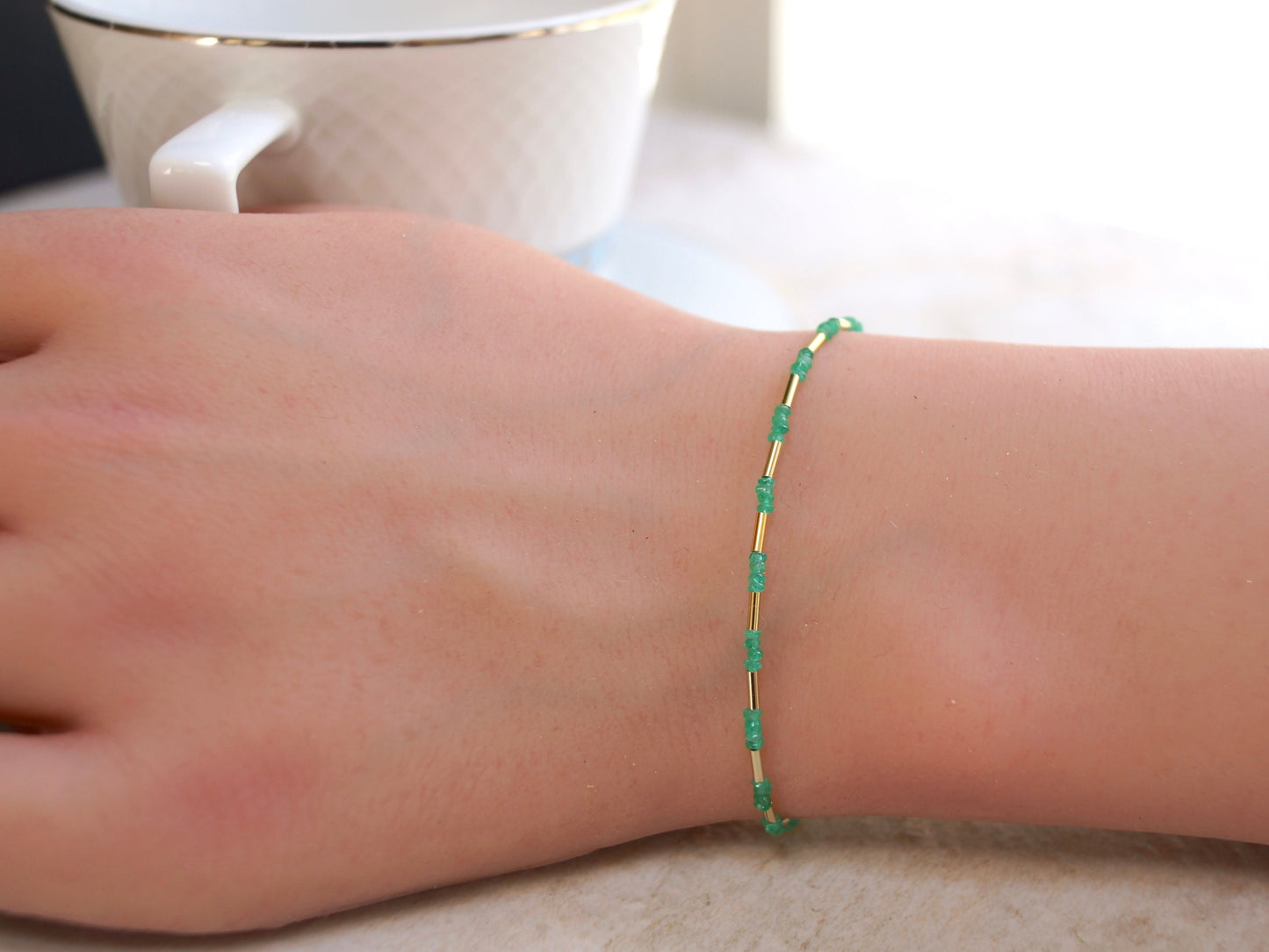 14K Solid Gold: Colombian Emerald Bracelet| Green Emerald Bead| Real Natural Emerald| Dainty Delicate Fine Jewelry| May Birthstone