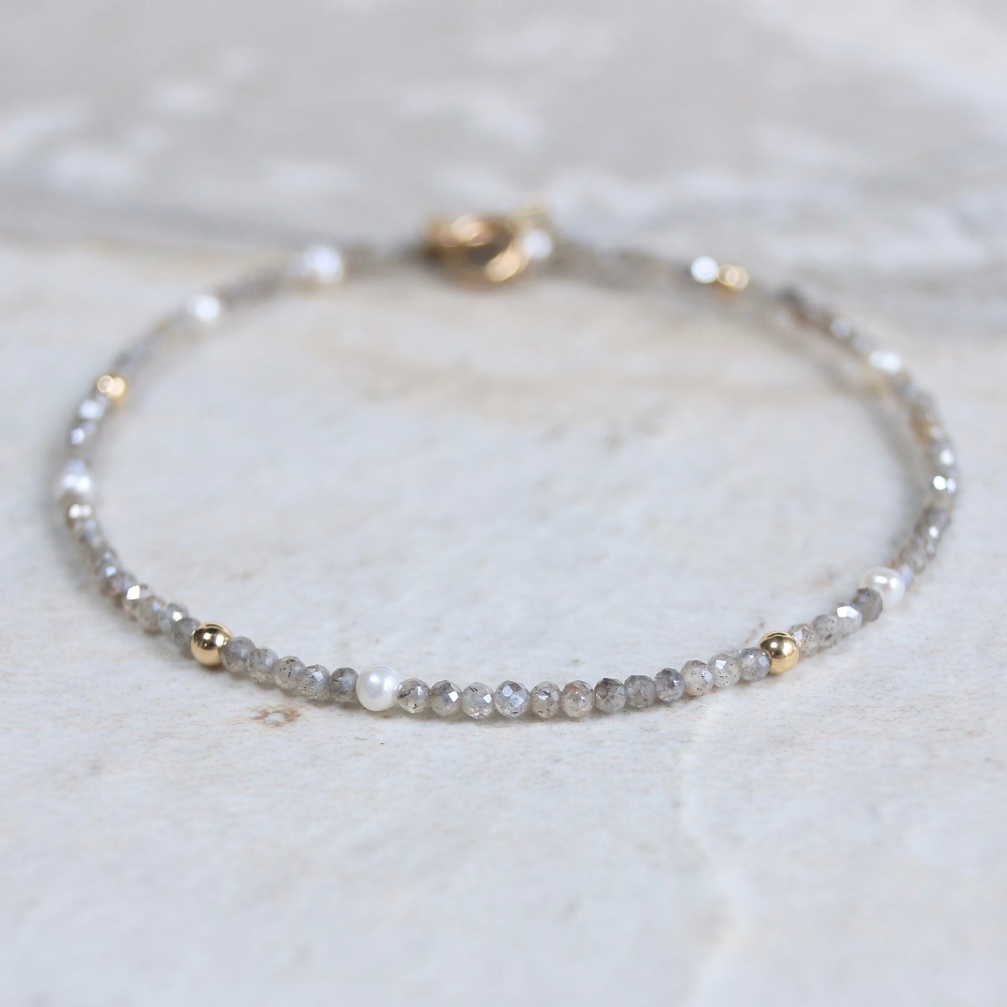 14K Solid Gold: Labradorite Bead Bracelet |2mm|  Delicate Quartz Bracelet | Silver Grey Gemstone | Gift for Her | Skinny Bracelet