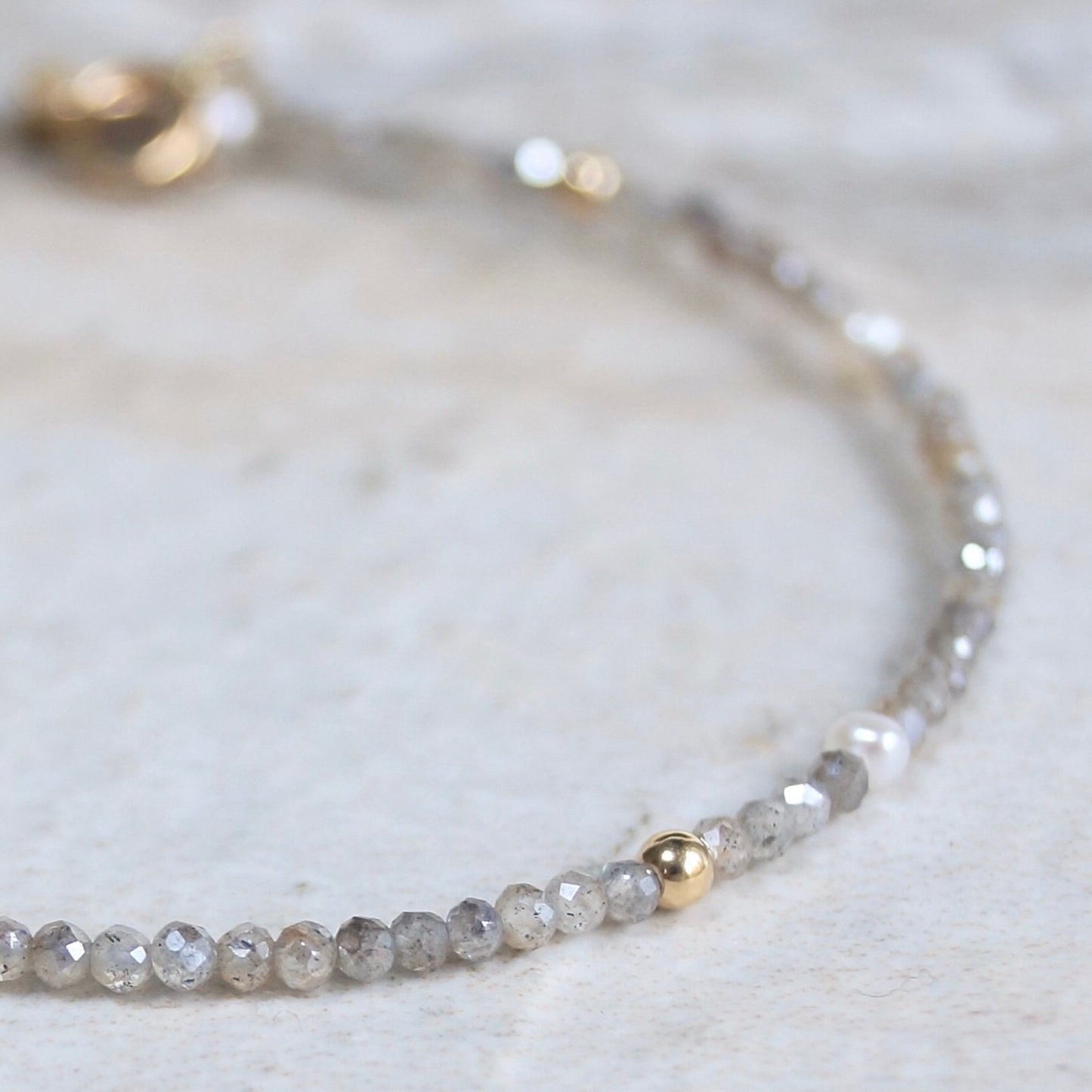 14K Solid Gold: Labradorite Bead Bracelet |2mm|  Delicate Quartz Bracelet | Silver Grey Gemstone | Gift for Her | Skinny Bracelet