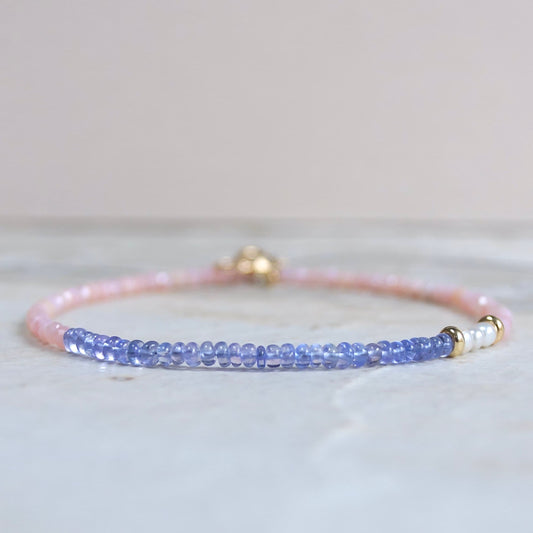 14K Solid Gold: Tanzanite Bead Bracelet |2.5mm|  Delicate Quartz Bracelet | Lilac Gemstone | Pink Opal | Gift for Her | Skinny Bracelet