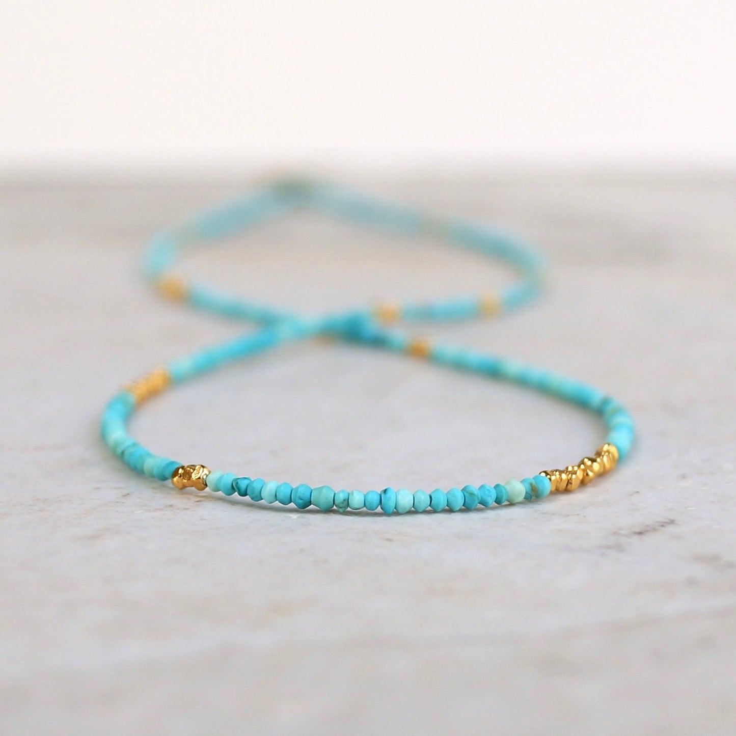 14K Solid Gold & Vermeil: Turquoise Beaded Necklace | 1.5mm | Skinny Layering Necklace | Boho | Bohemian